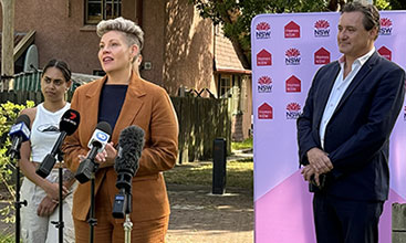 Homes NSW Chief Executive, Rebecca Pinkstone at press conference