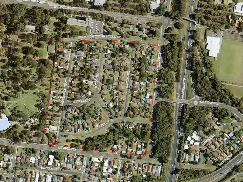 Aerial view of potential rezoning area within Gwynneville.